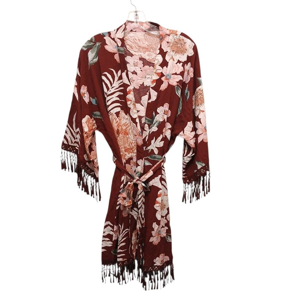 NEW Romantic Kimono Robe Floral Rose Lace Trim One Size Fits S M L Maroon Cotton